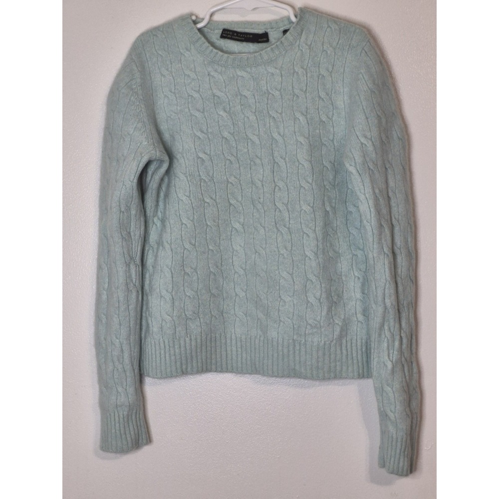 Lord & Taylor 2 Ply 100% Cashmere Cable Knit Crewneck Sweater PS Green Soft